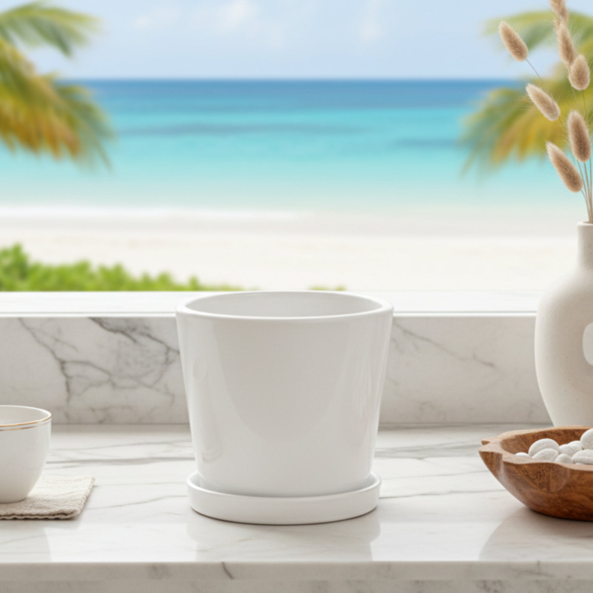 Frankly Cotton Small White Ceramic Plant Pot with Saucer