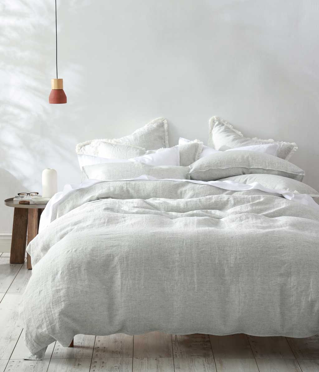 Laundered Linen Pinstripe Tassel Pillowcase Set Cloud