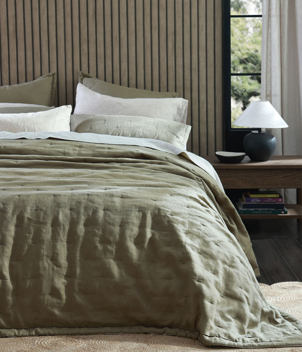 Laundered Linen Bedspread Set Olive