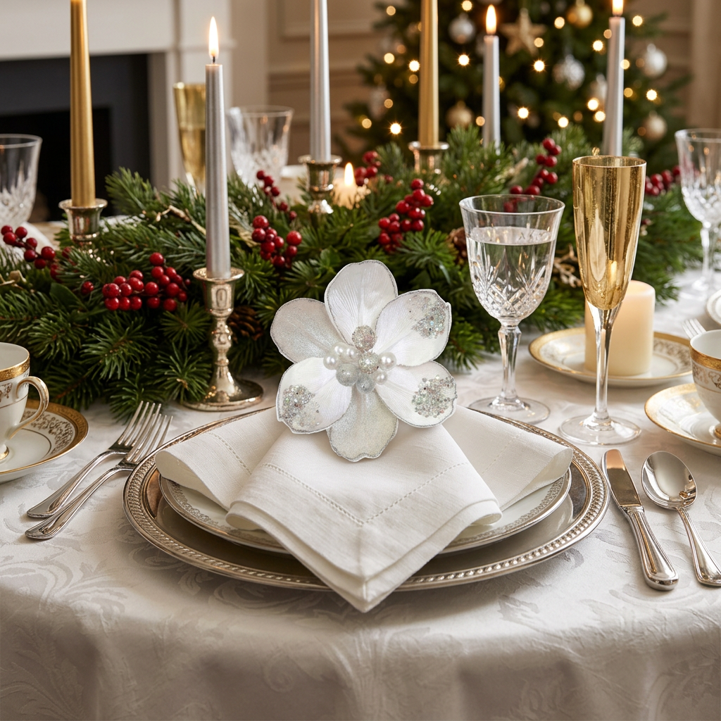 Large Pearl Magnolia With Clip – Ivory/Platinum - Christmas Ornament