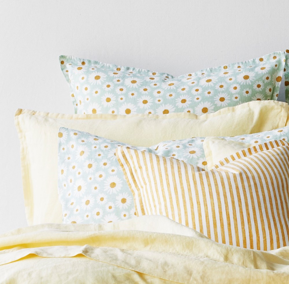 Pure Linen Printed Pillowcase - Daisy Sage