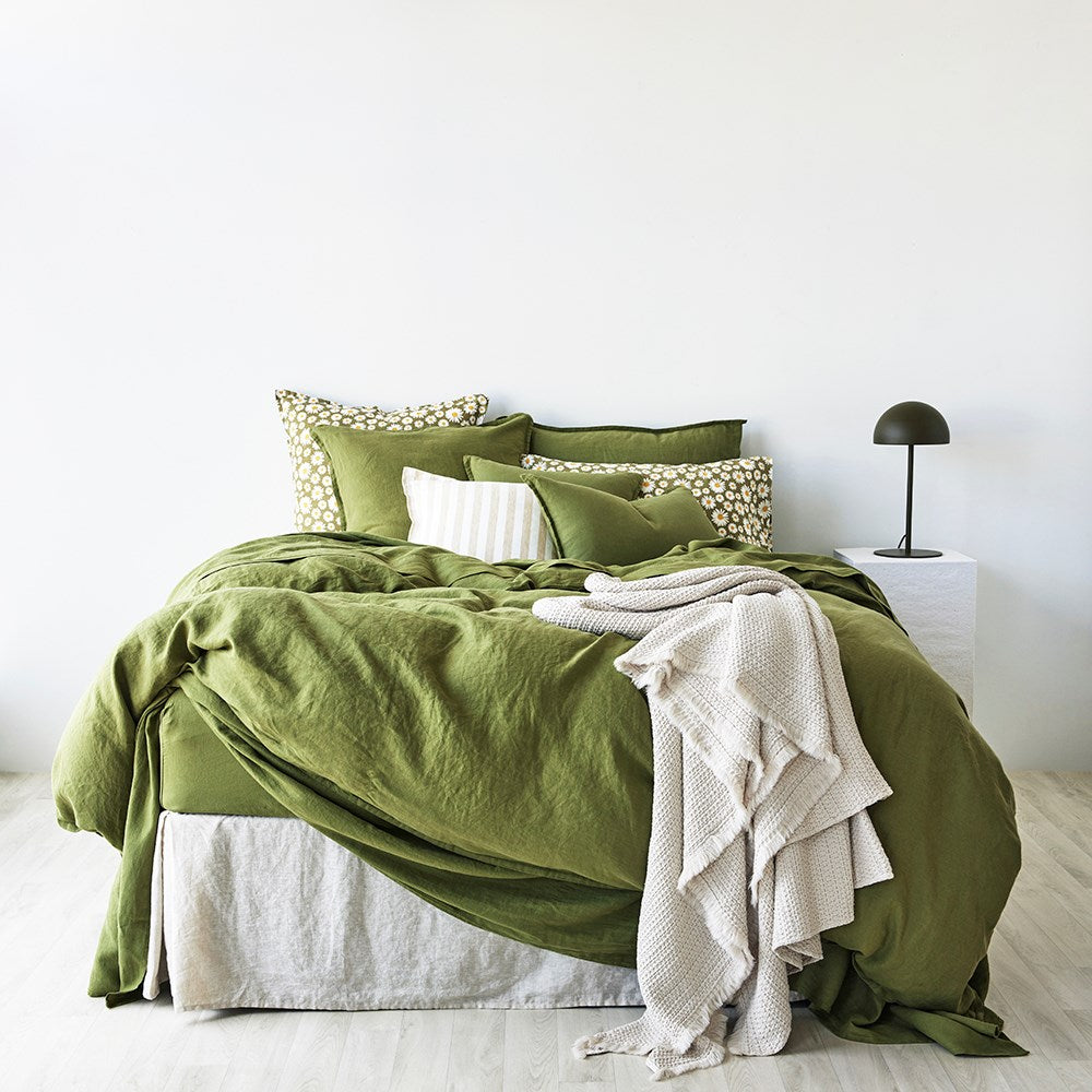 Pure Linen Printed Pillowcase - Daisy Dark Green