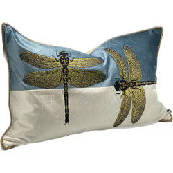 Cushion Cover - Dragonfly Hand Embroidered Blue/White/Gold
