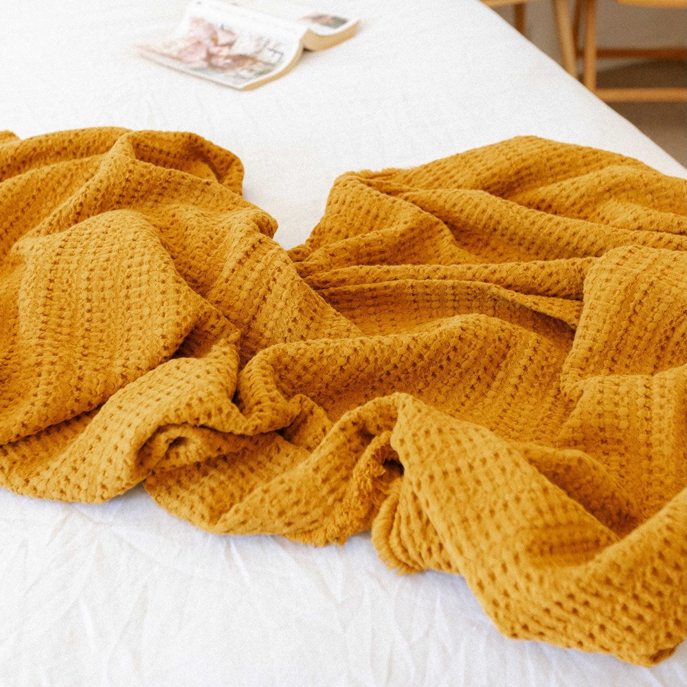 Portuguese Nasa Cotton Waffle Throw - mustard