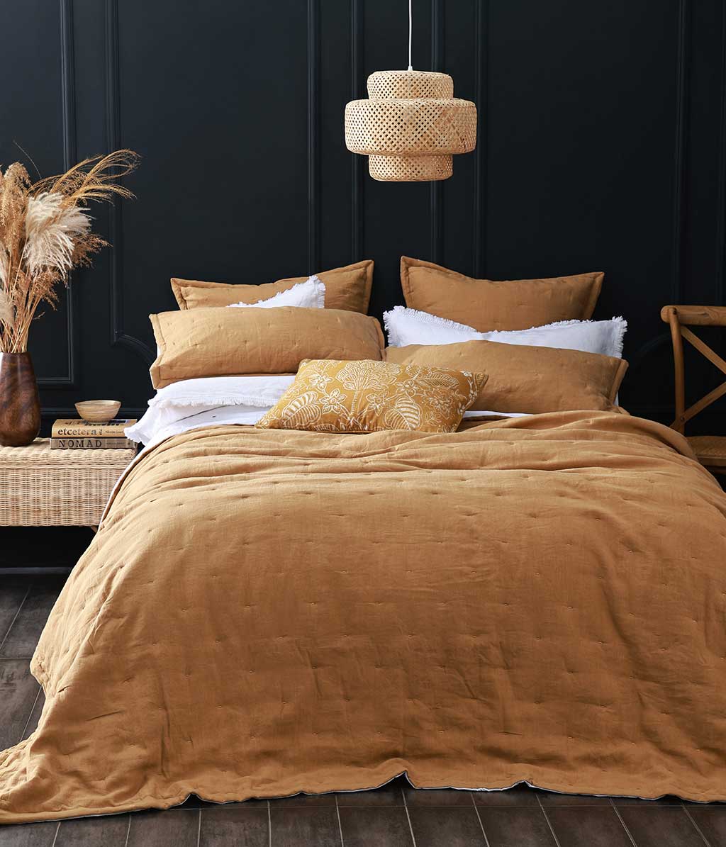 MM Linen Laundered Linen Bedspread Set - Cumin