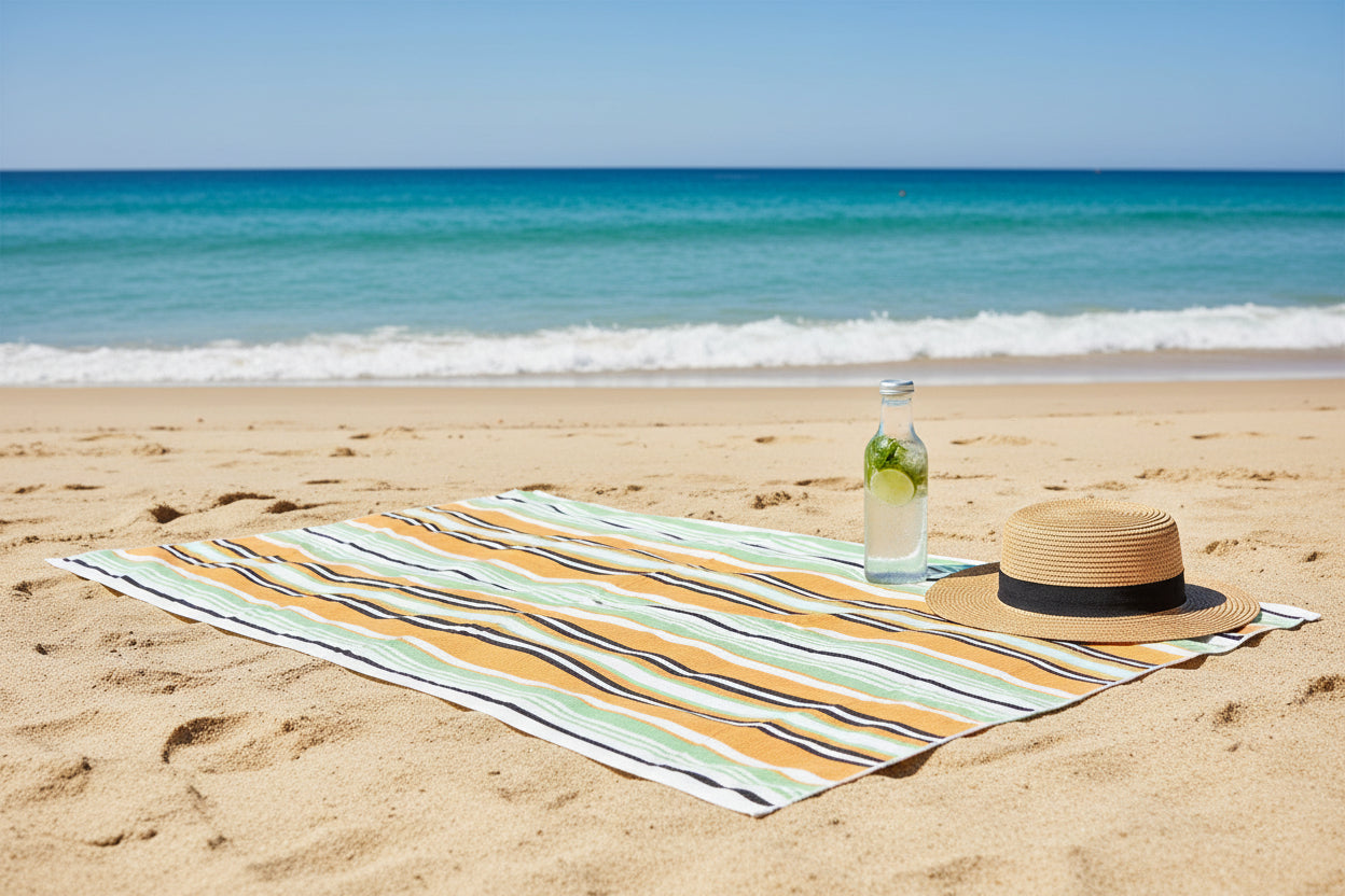 Striped towel with orange, green, and black pattern on a white background