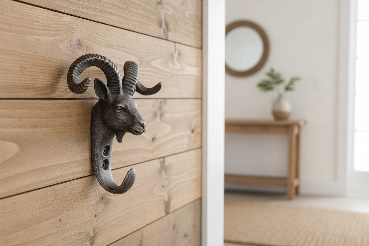 Decorative wall hook shaped like a ram's head with curved horns on a white background