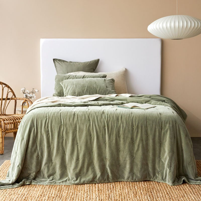 Venus Cotton Velvet Quilted Coverlet - Olive