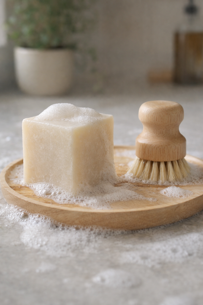 Eco Dishwashing Starter Set | Solid Dish Soap Bar + Wooden Brush