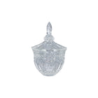 Clear glass candy dish with lid on a white background