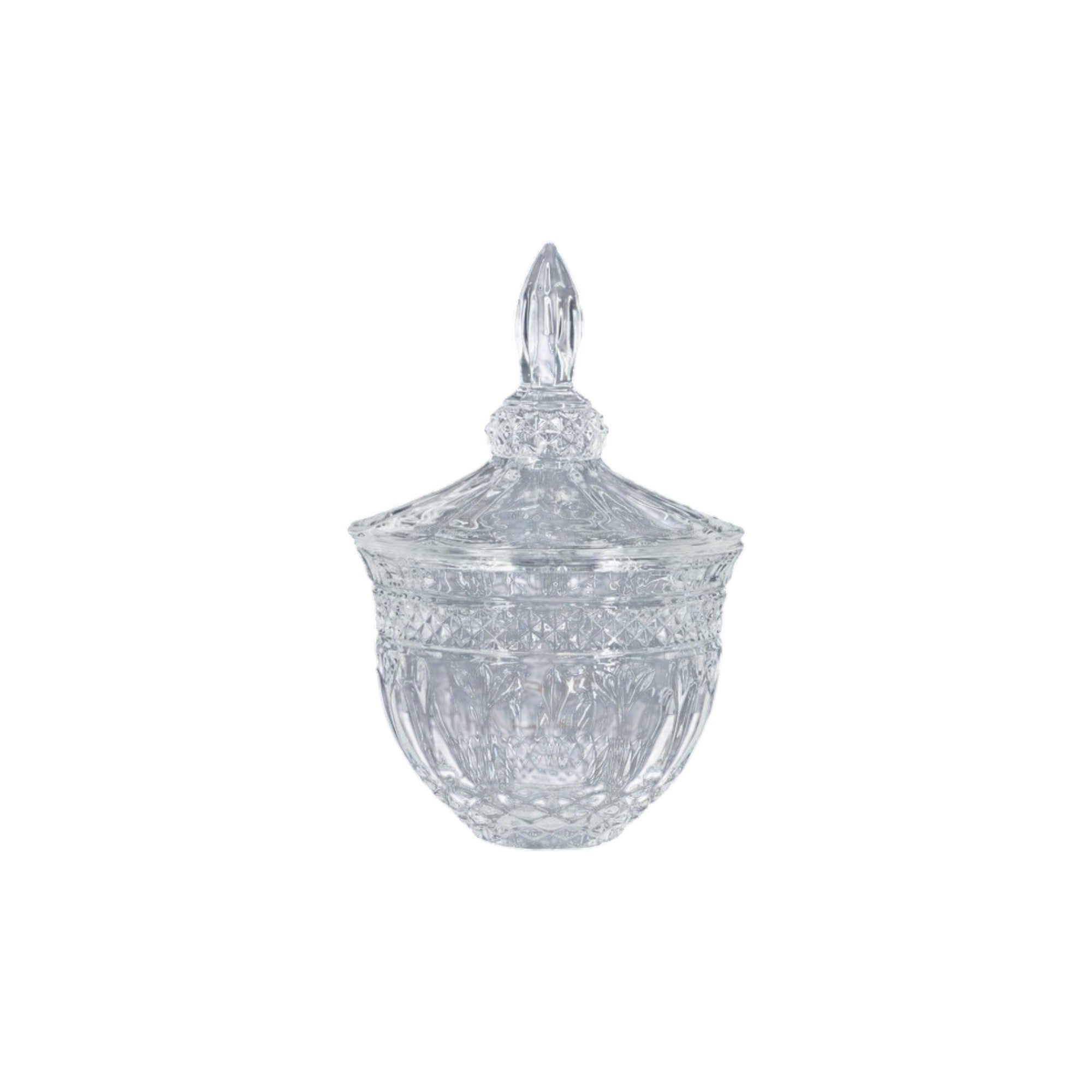 Clear glass candy dish with lid on a white background