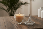 Candle in a glass holder with a lid on a wooden surface, blurred plant in the background