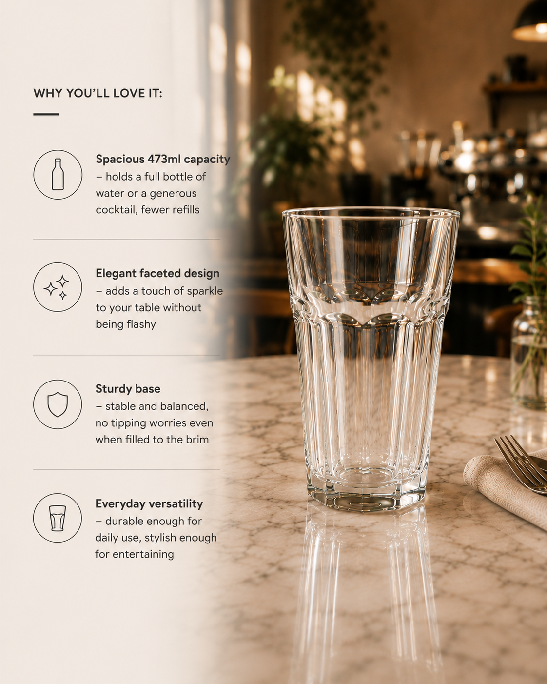Frankly Cotton Clear Faceted Toughened Glass Tumbler 473ml