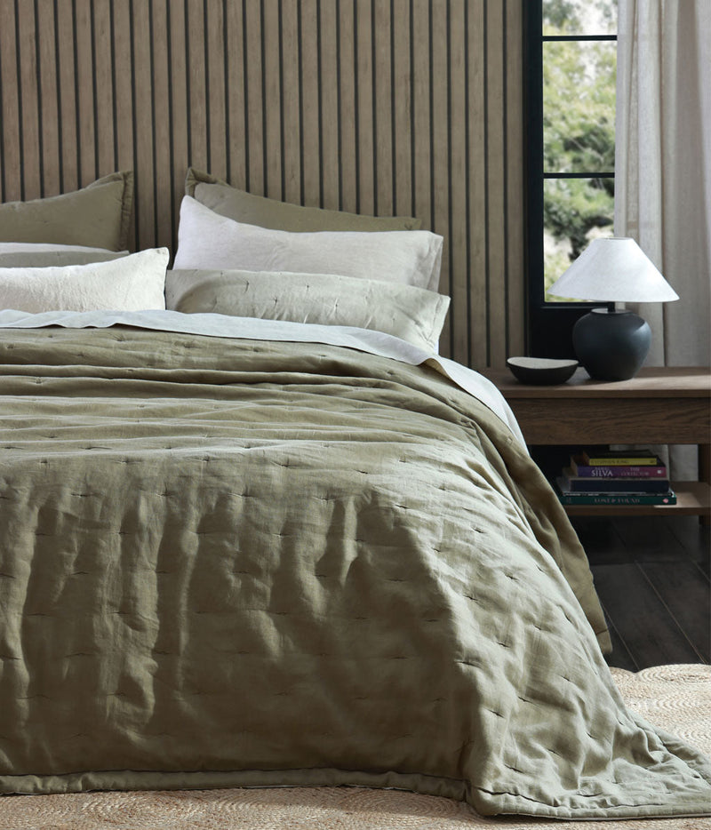 Laundered Linen Bedspread Set Olive