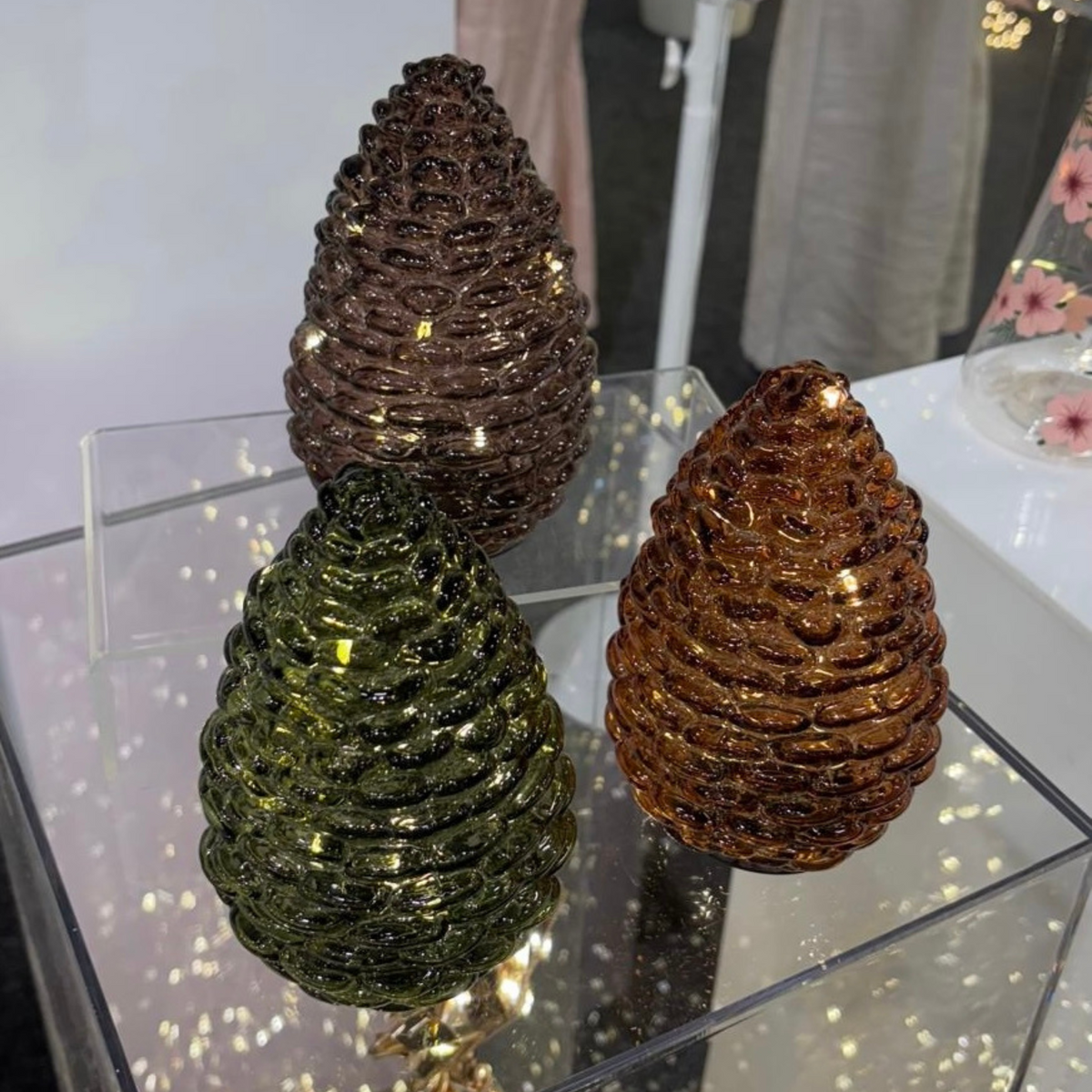 Glass Pinecone 15cm w Lights in Light Brown