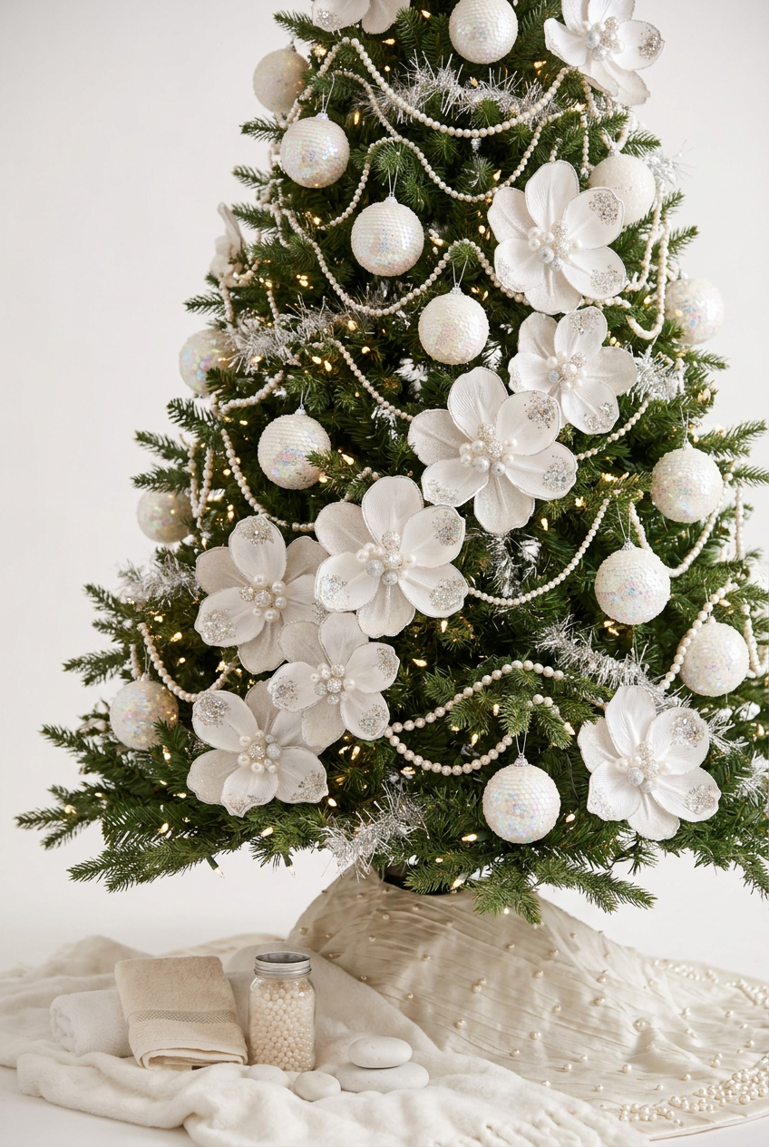 Large Pearl Magnolia With Clip – Ivory/Platinum - Christmas Ornament