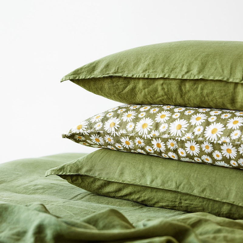 Pure Linen Printed Pillowcase - Daisy Dark Green