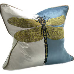 Cushion Cover - Dragonfly Hand Embroidered Blue/White/Gold