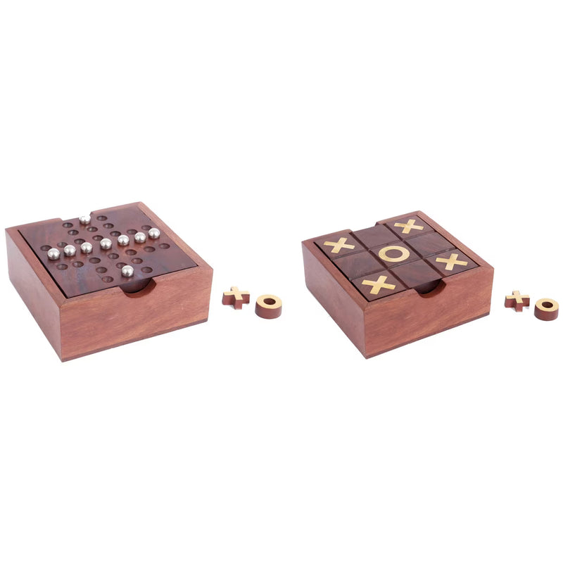 Wooden Tic Tac Toe Solitaire Game in Box Walnut Finish
