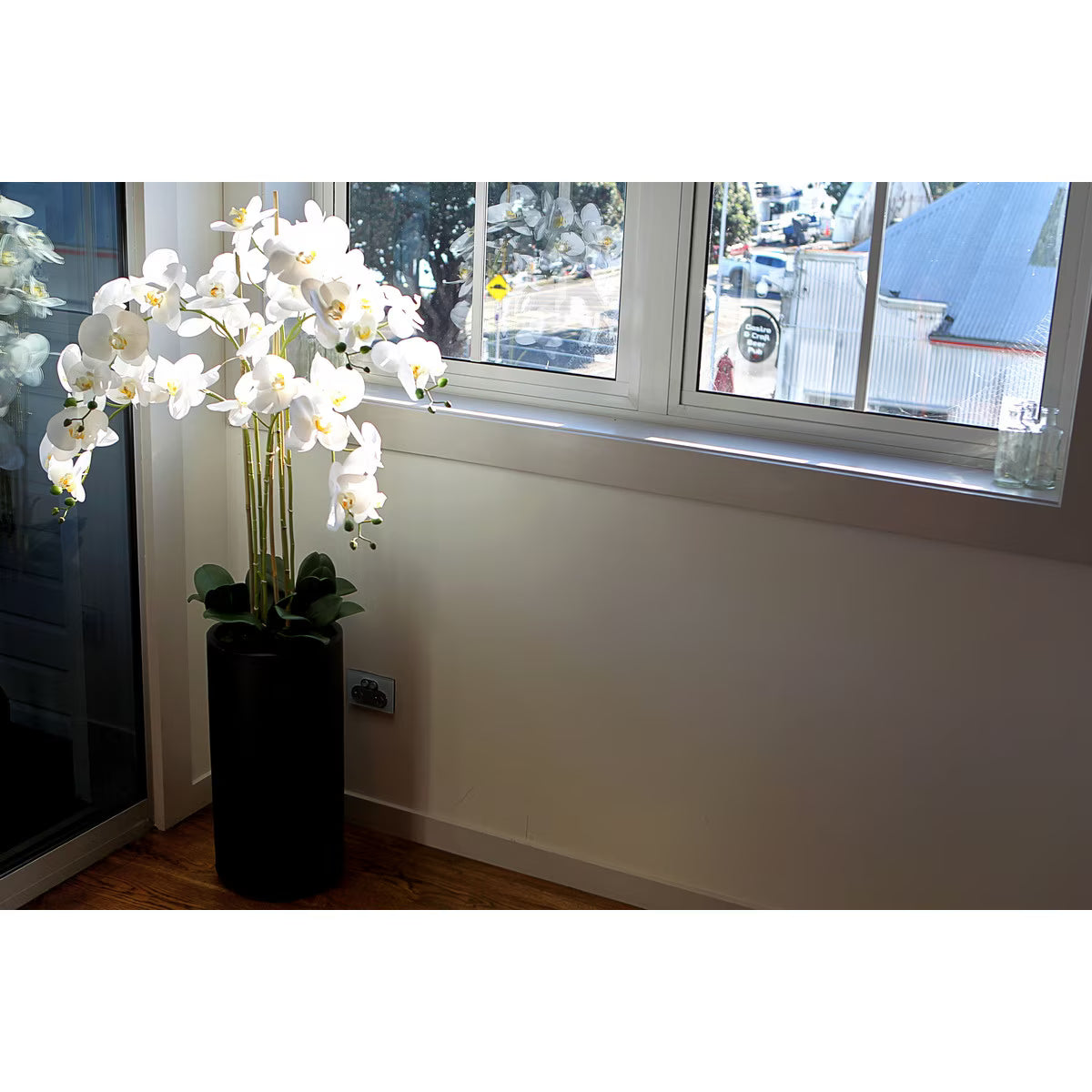 5 Spray White Orchid - Real Touch in Tall Black Pot - 105cm