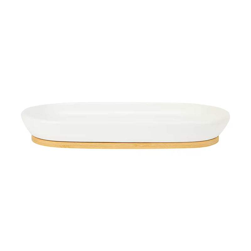 Frankly Cotton - Ceramic  White And Bamboo Tray