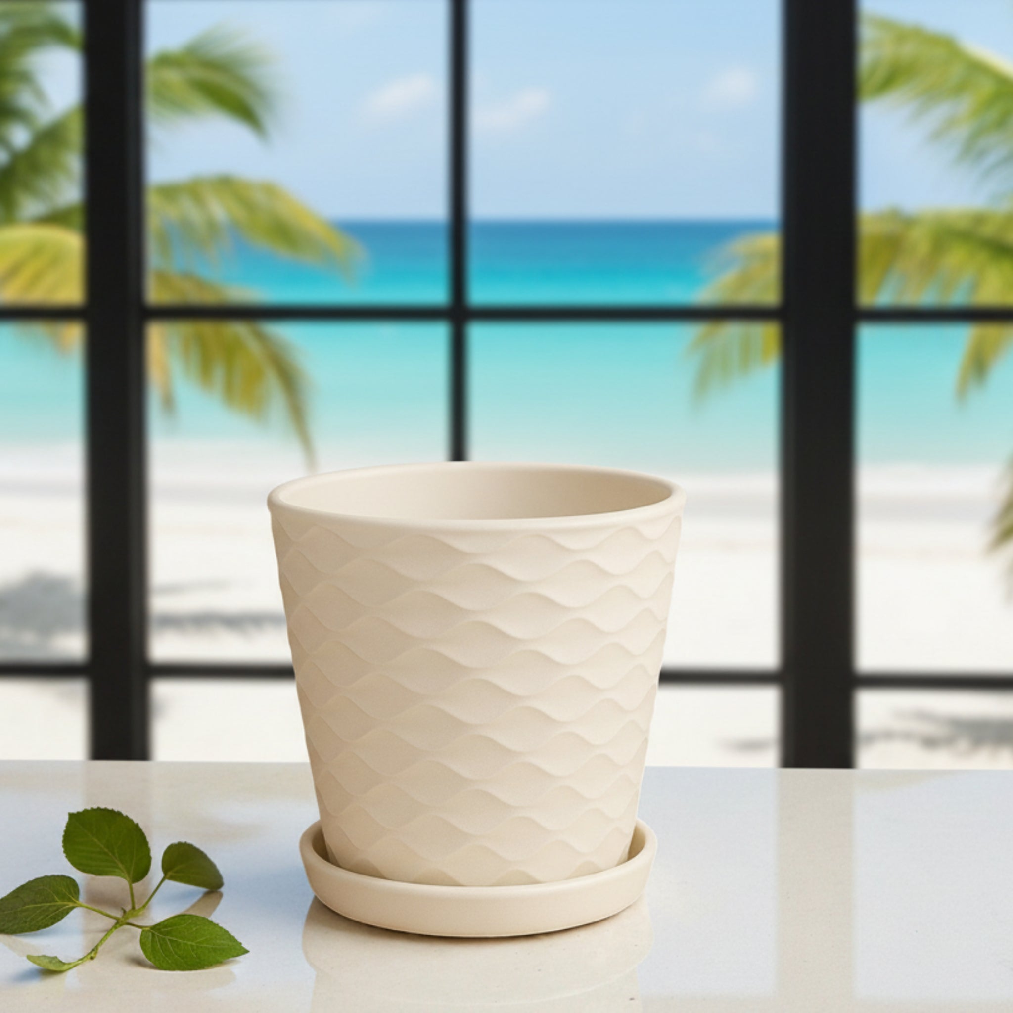 Frankly Cotton White Geometric Ceramic Plant Pot with Saucer