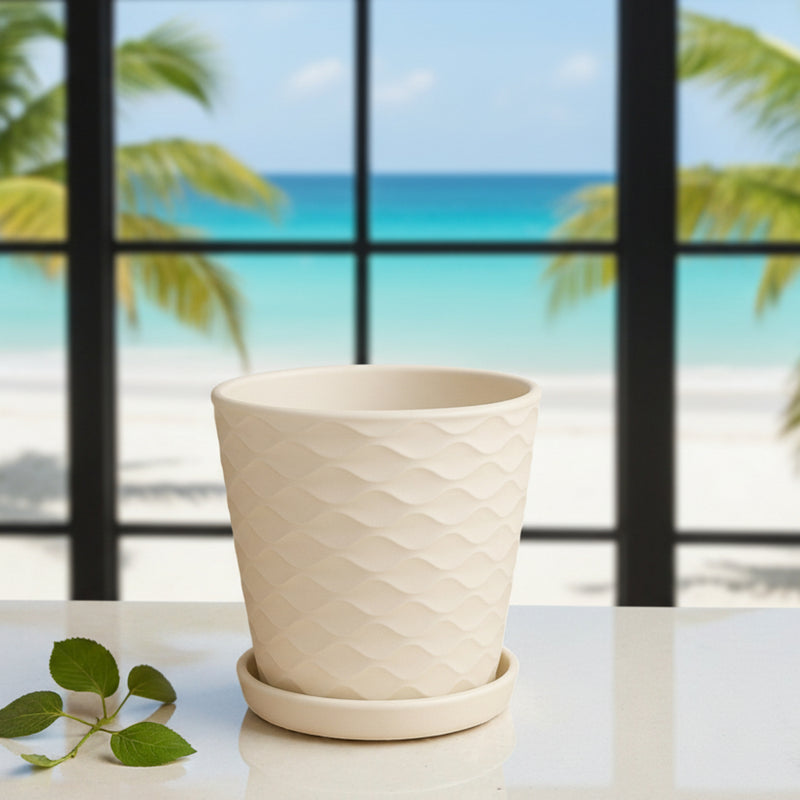 Frankly Cotton White Geometric Ceramic Plant Pot with Saucer