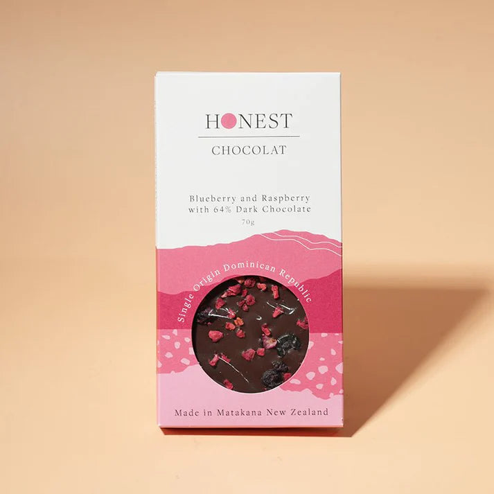 Matakana Honest Choc -Blueberry & Raspberry - Dark Chocolate Bar - 64% Cacao 70g
