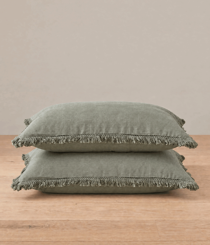MM Linen Laundered Linen Tassel Pillowcase Set Olive