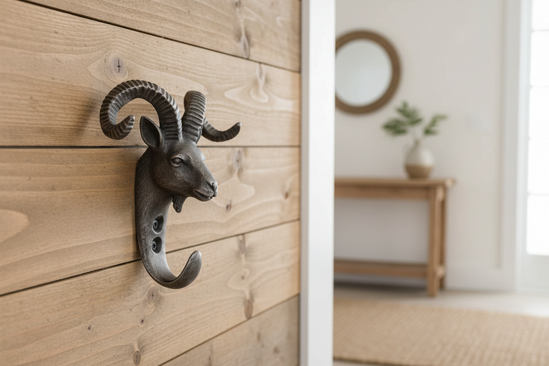 Decorative wall hook shaped like a ram's head with curved horns on a white background