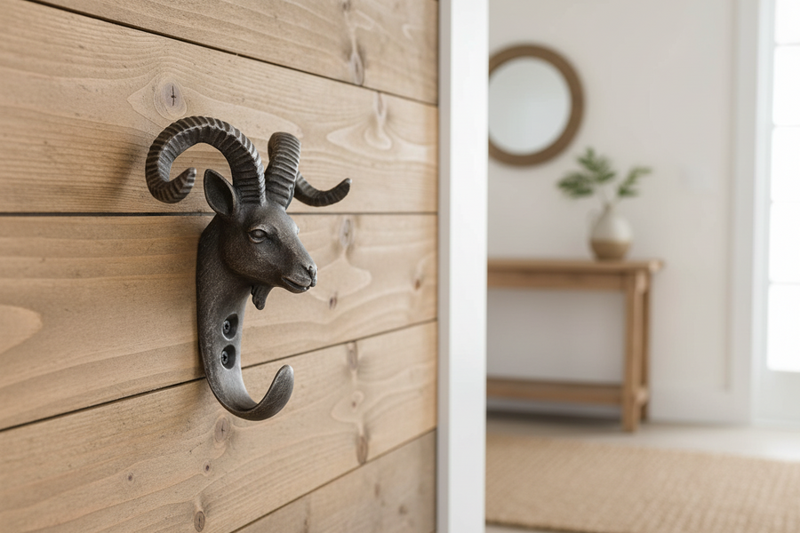 Decorative wall hook shaped like a ram's head with curved horns on a white background