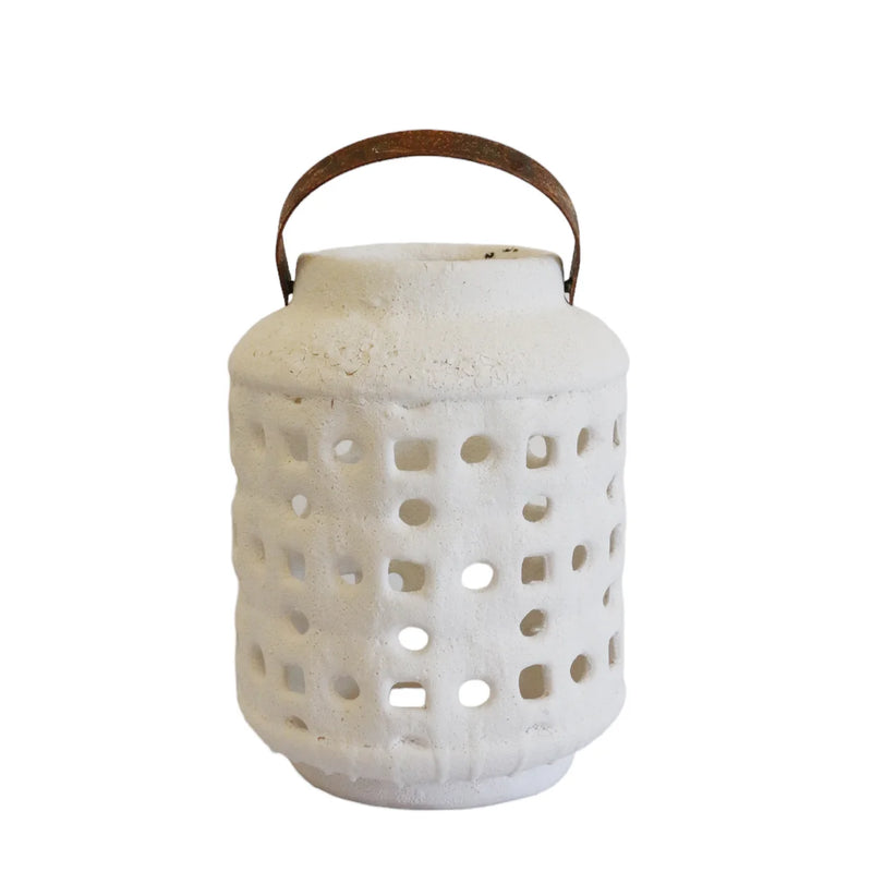 White textured lantern with a brown handle on a white background