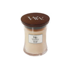 WoodWick candle with a brown lid on a white background