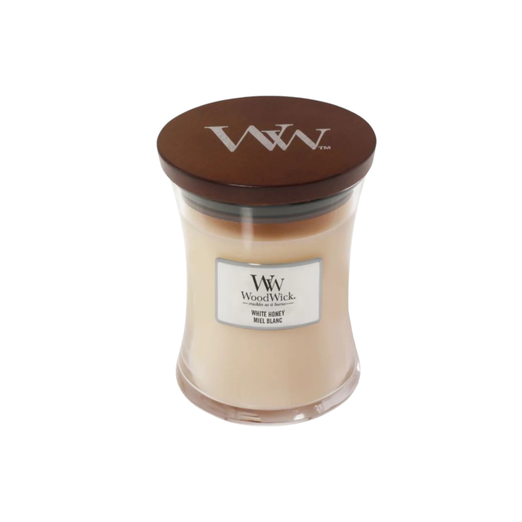 WoodWick candle with a brown lid on a white background